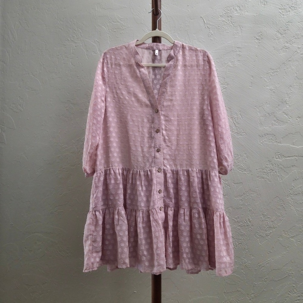 D268. Swiss Dot Button Down Tiered Babydoll Tunic Dress‎